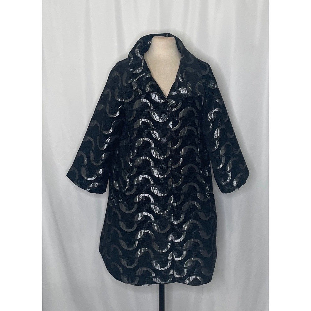 DESIGUAL Black Silver Jacquard Coat Pockets Embellished Buttons Chic 44 / Large