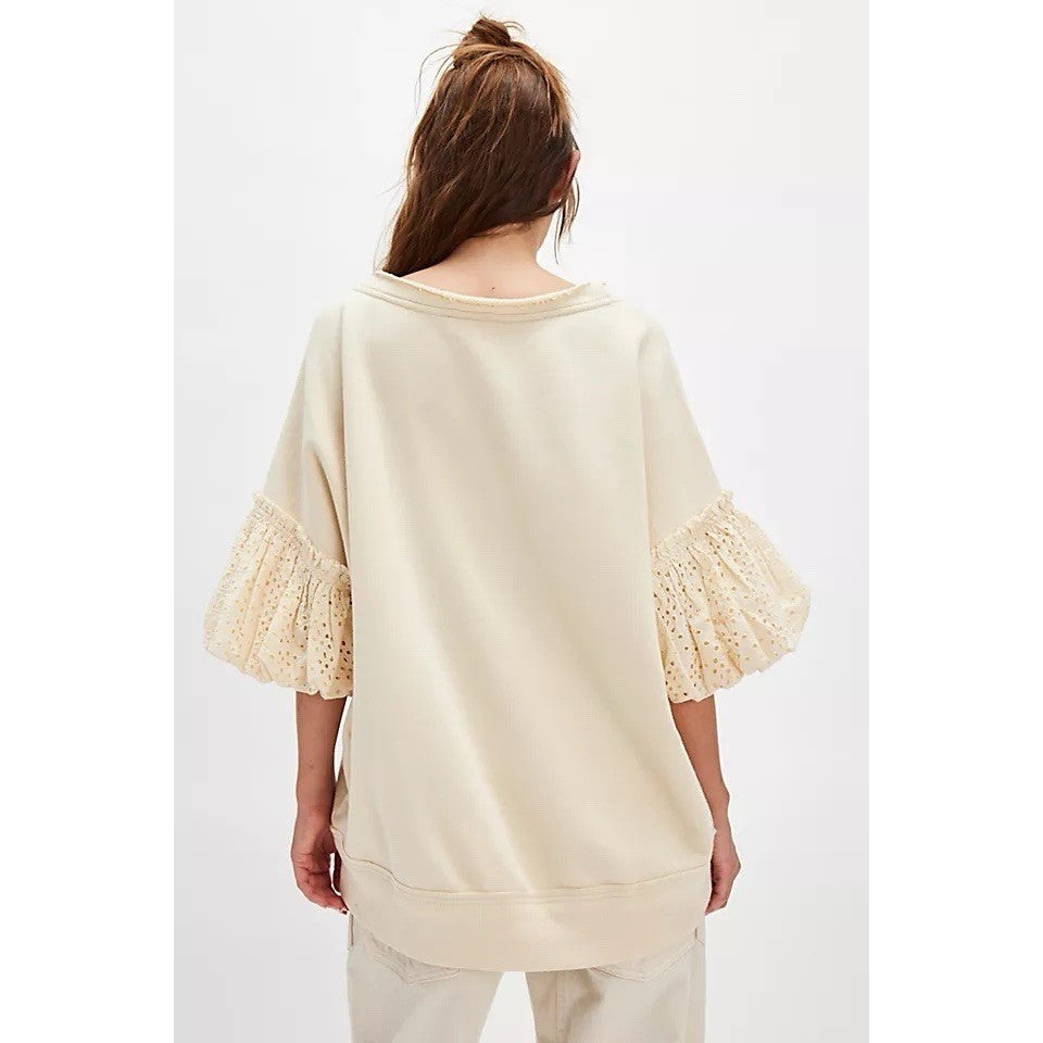 NWT!! FREE PEOPLE Doily Sweatshirt Heart Ivory Blue Eyelet Lace Bohemian Small
