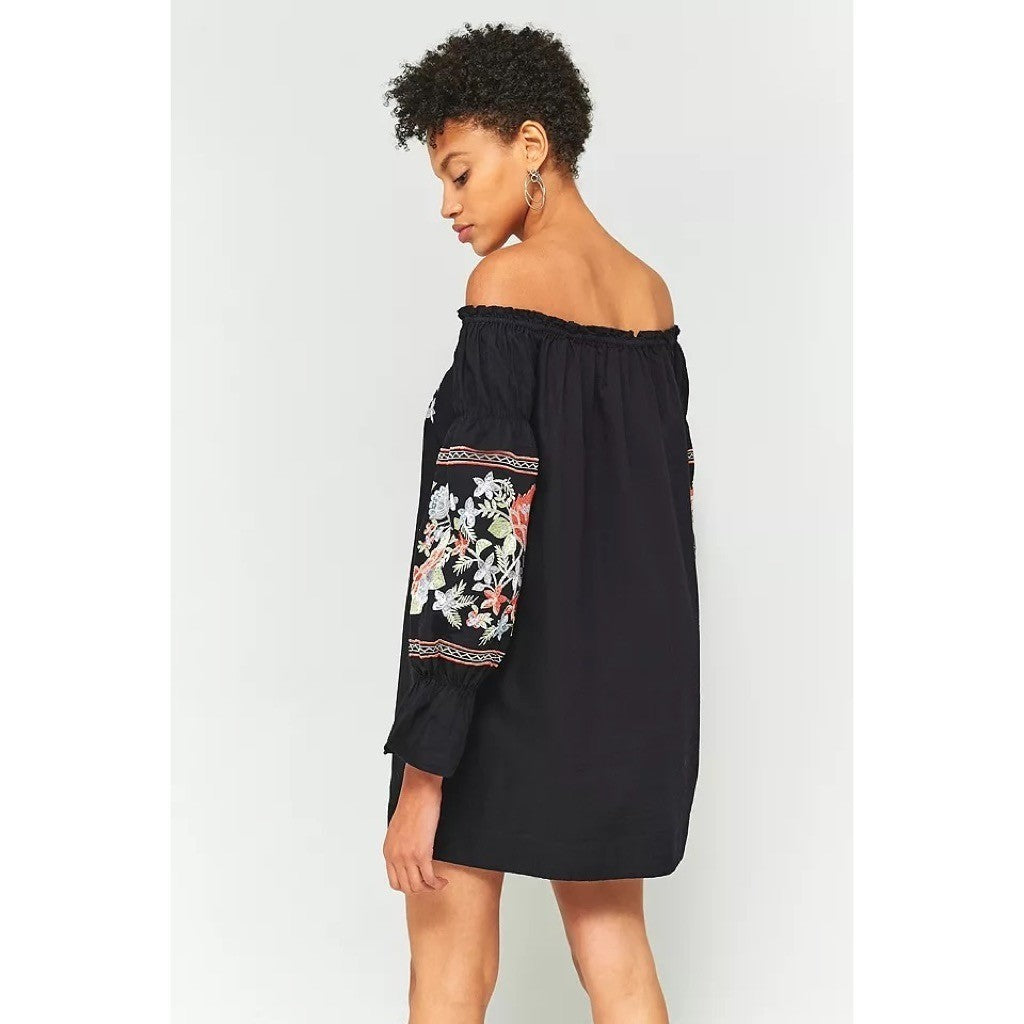 FREE PEOPLE Fleur Du Jour Mini Dress Black Floral Embroidered Off Shoulder Small