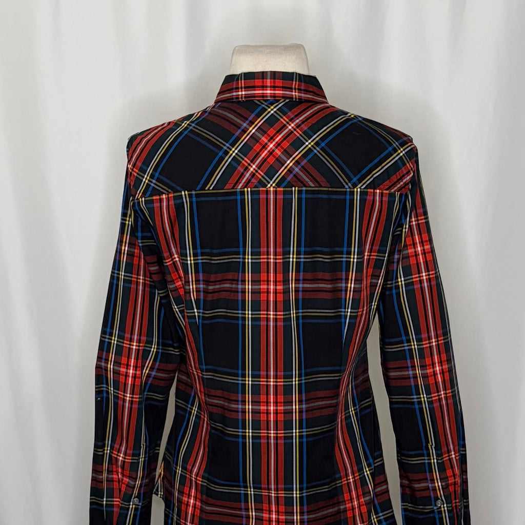 J. CREW Slim Stretch Perfect Shirt Top Black Stewart Tartan Plaid Buttons Size 4