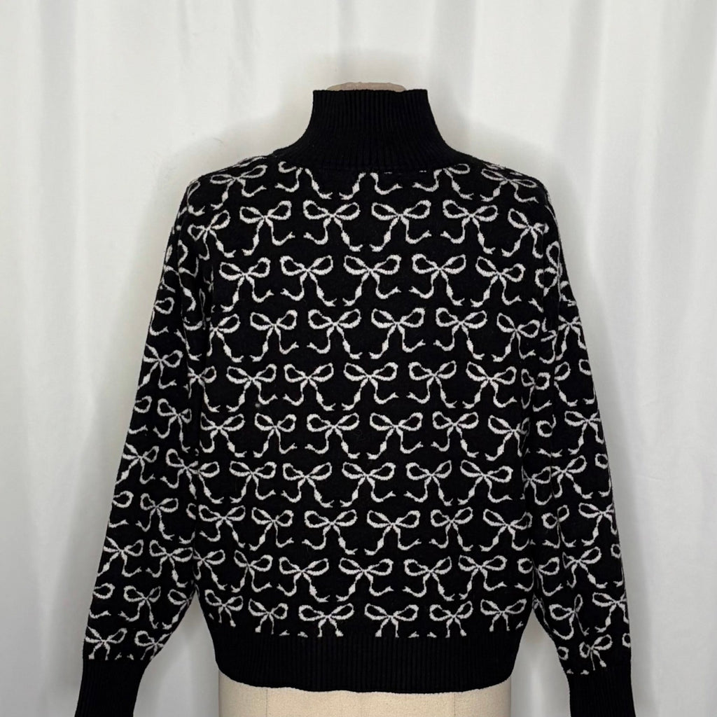 Anthropologie MAEVE Montana Bow Print Sweater Knit Mock Neck Half Zip Large