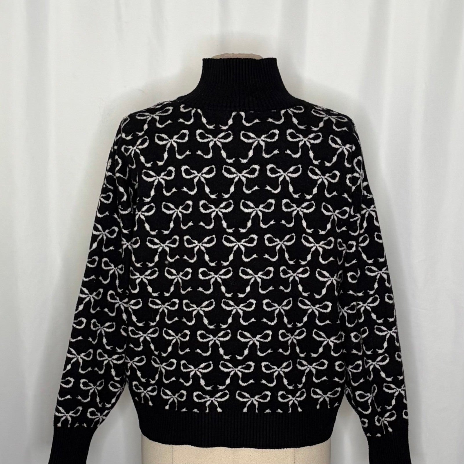 Anthropologie MAEVE Montana Bow Print Sweater Knit Mock Neck Half Zip Large