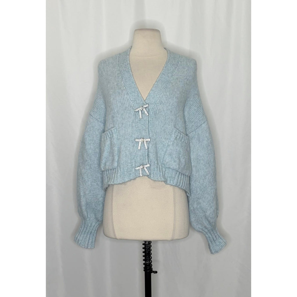 ZARA Jewel Bow Cardigan Sweater Baby Blue Coquette Blogger Favorite Preppy Small