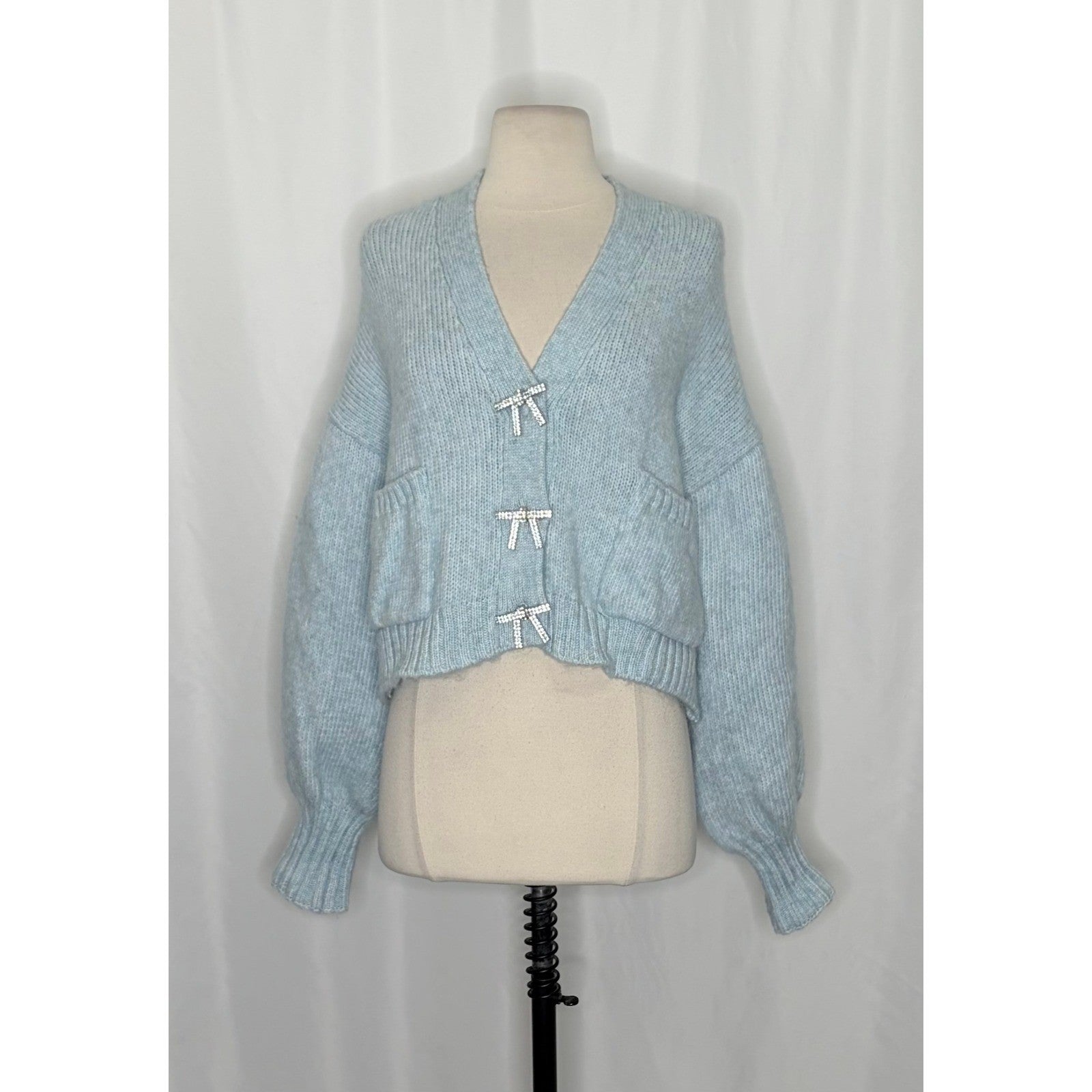 ZARA Jewel Bow Cardigan Sweater Baby Blue Coquette Blogger Favorite Preppy Small