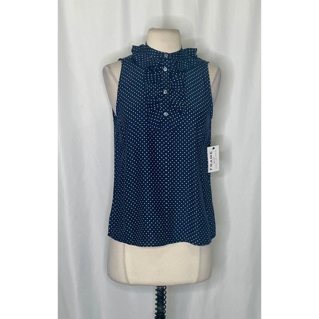 NWT!! FRAME Denim Silk Polka Dot Top Blouse Sleeveless Ruffled Coquette X-Small