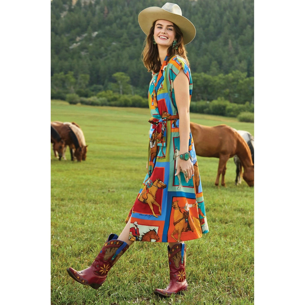 NWT!! DOUBLE D RANCH Women Of The Range Dress Western Horses Midi Bright X-Small