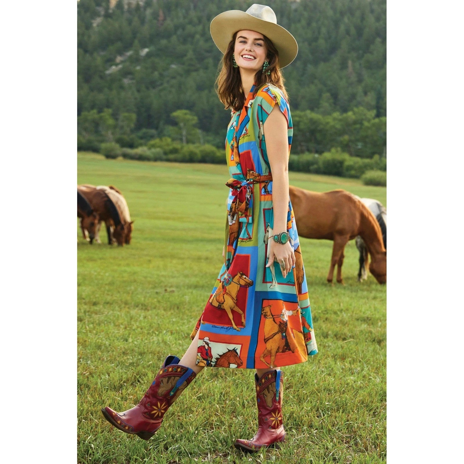 NWT!! DOUBLE D RANCH Women Of The Range Dress Western Horses Midi Bright X-Small