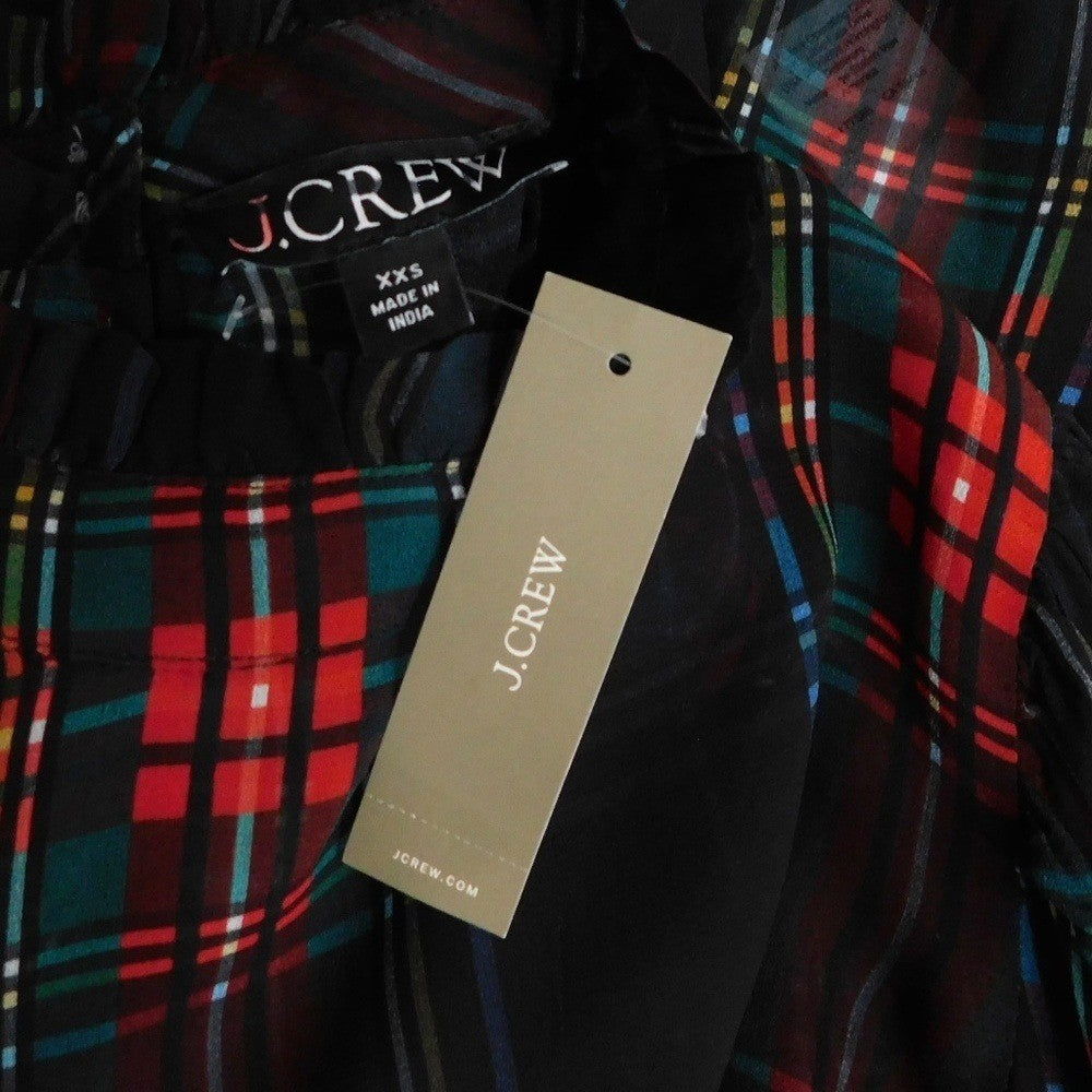 NWT! J. CREW Ruffleneck Top Stewart Tartan Plaid Chiffon Festive Preppy XX-Small