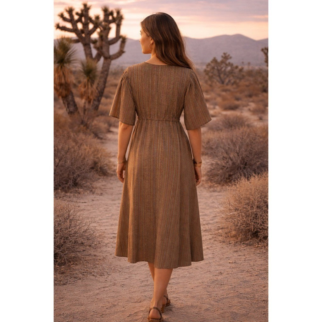 KEMI TELFORD Striped Midi Dress Cotton Tie Waist Western Retro Stripes Medium