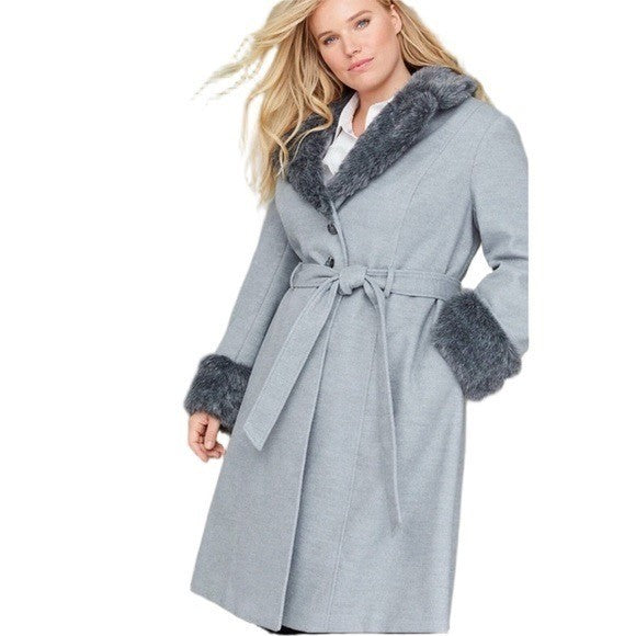 NWT!! LANE BRYANT Grey Belted Trench Coat Faux Fur Collar Cuffs Size 26 28