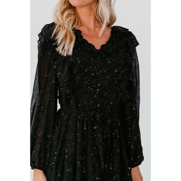 BY THE RIVER Chiffon Midi Dress Ruffled Black Gold Stars Party Glam Star Small