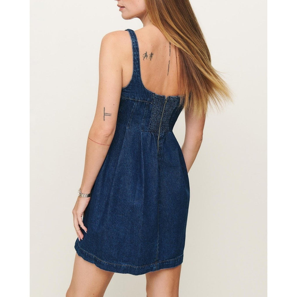 NWT!! REFORMATION Violet Denim Mini Dress Blue Smocked A-Line Skirt Size 12