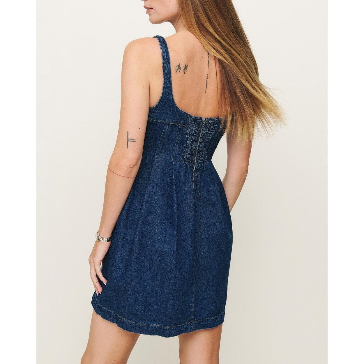 NWT!! REFORMATION Violet Denim Mini Dress Blue Smocked A-Line Skirt Size 12