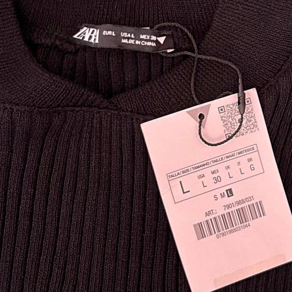 NWT!! ZARA Contrast Nylon Midi Dress Ribbed Knit Olive Green Black Blue Large