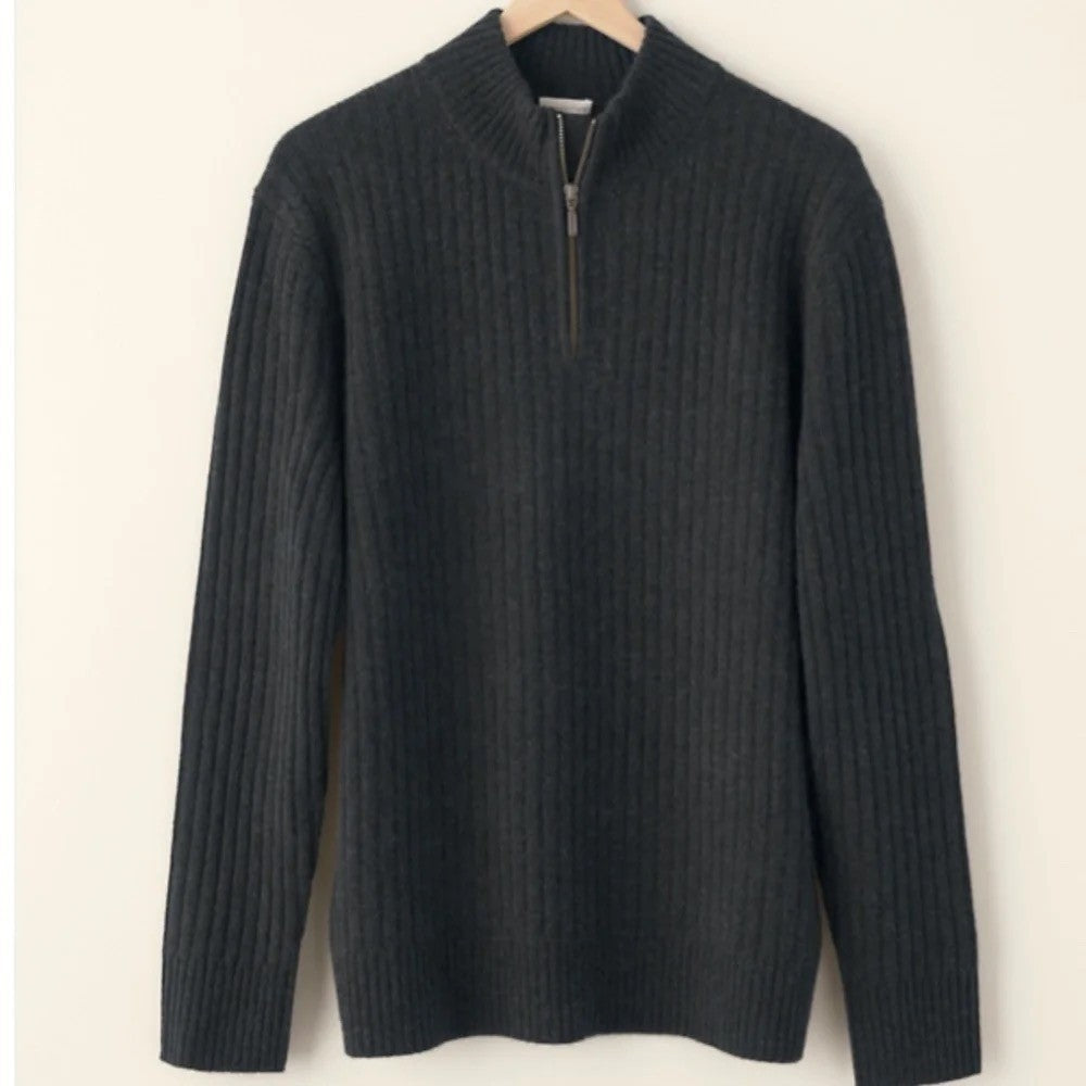 Men's GARNET HILL Washable Cashmere Ribbed Quarter Zip Sweater Charcoal Gray S