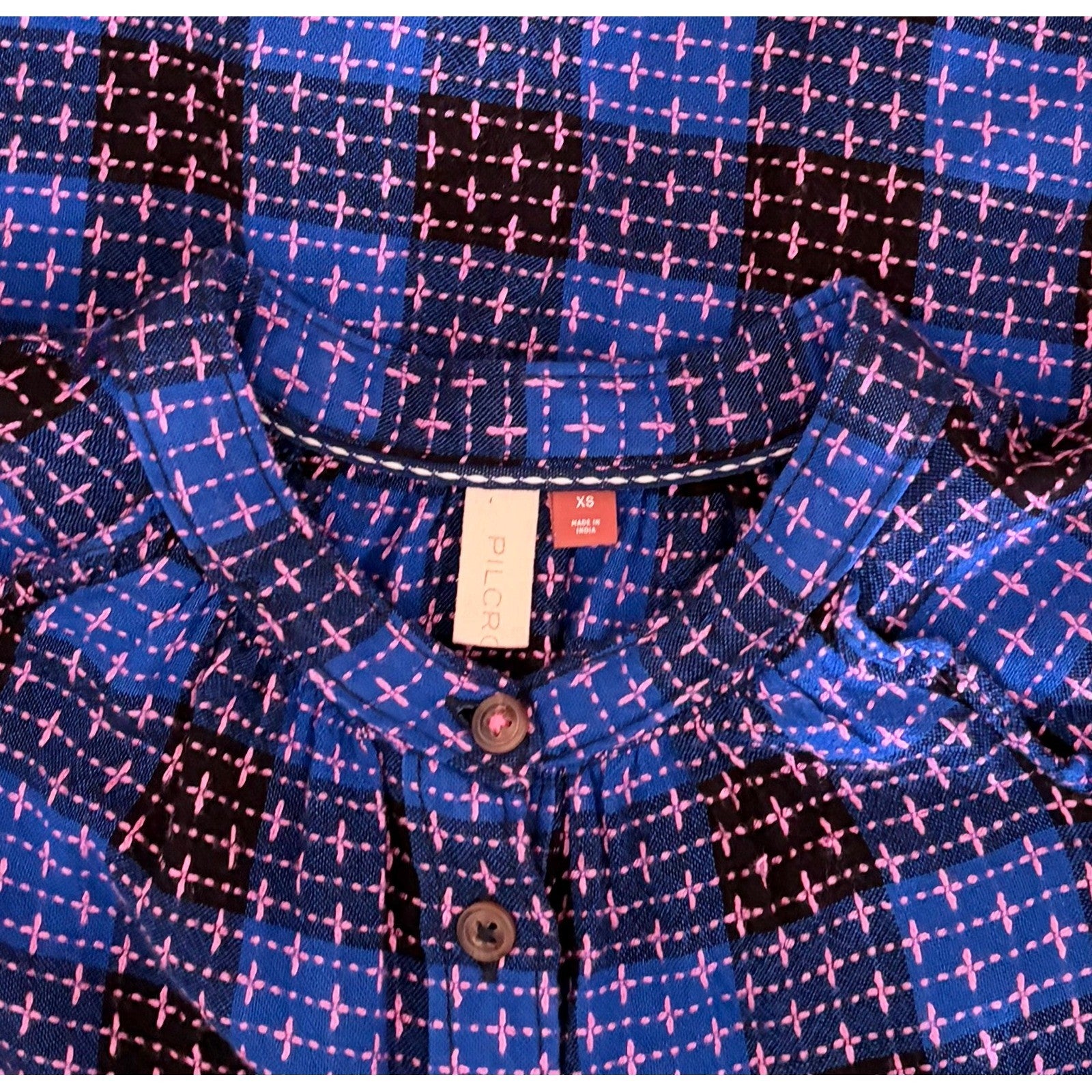 Anthropologie PILCRO Embroidered Plaid Buttondown Blue Pink Plaid Pocket X-Small