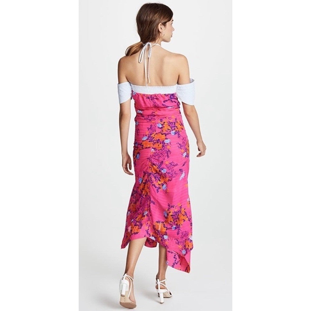 NWT!! TANYA TAYLOR Silk Virginia Dress Falling Floral Pink Striped Halter Size 0