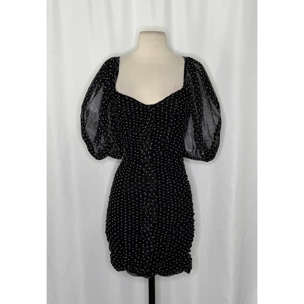 ZARA Chiffon Black Polka Dot Ruched Mini Dress Black Gray Party Blogger Small