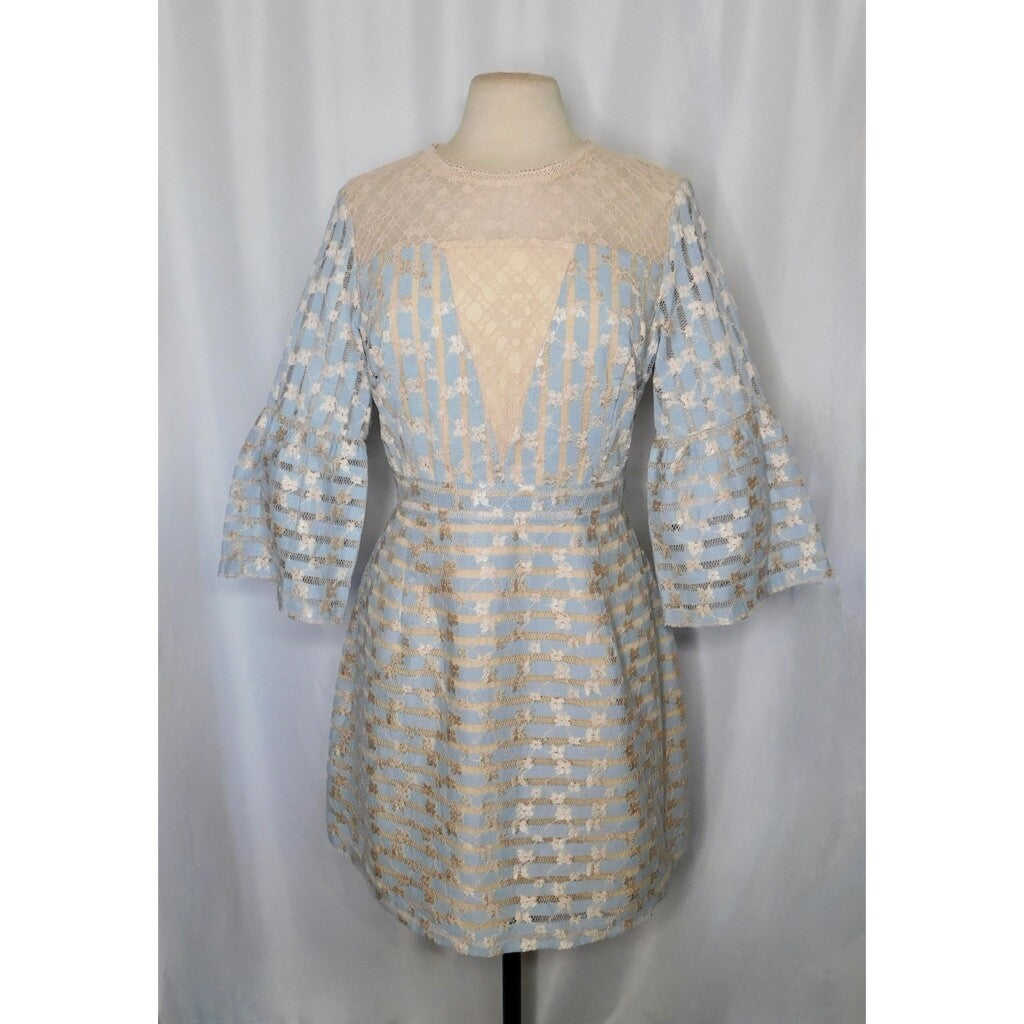 FOXIEDOX Cordelia Bell Sleeve Lace Dress Blue Floral Lace Coquette X-Large