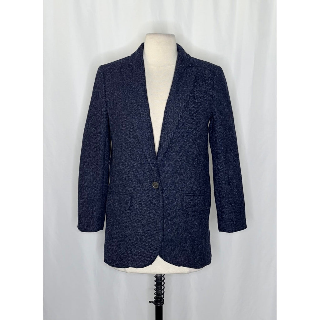 J. CREW Wool Alfie Blazer Navy Blue Herringbone Preppy Academia 4P 4 Petite