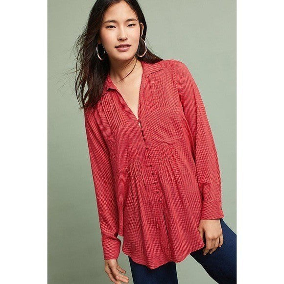 Anthropologie MAEVE Matilda Buttondown Tie Waist Red Polka Dot Swiss Dot Large
