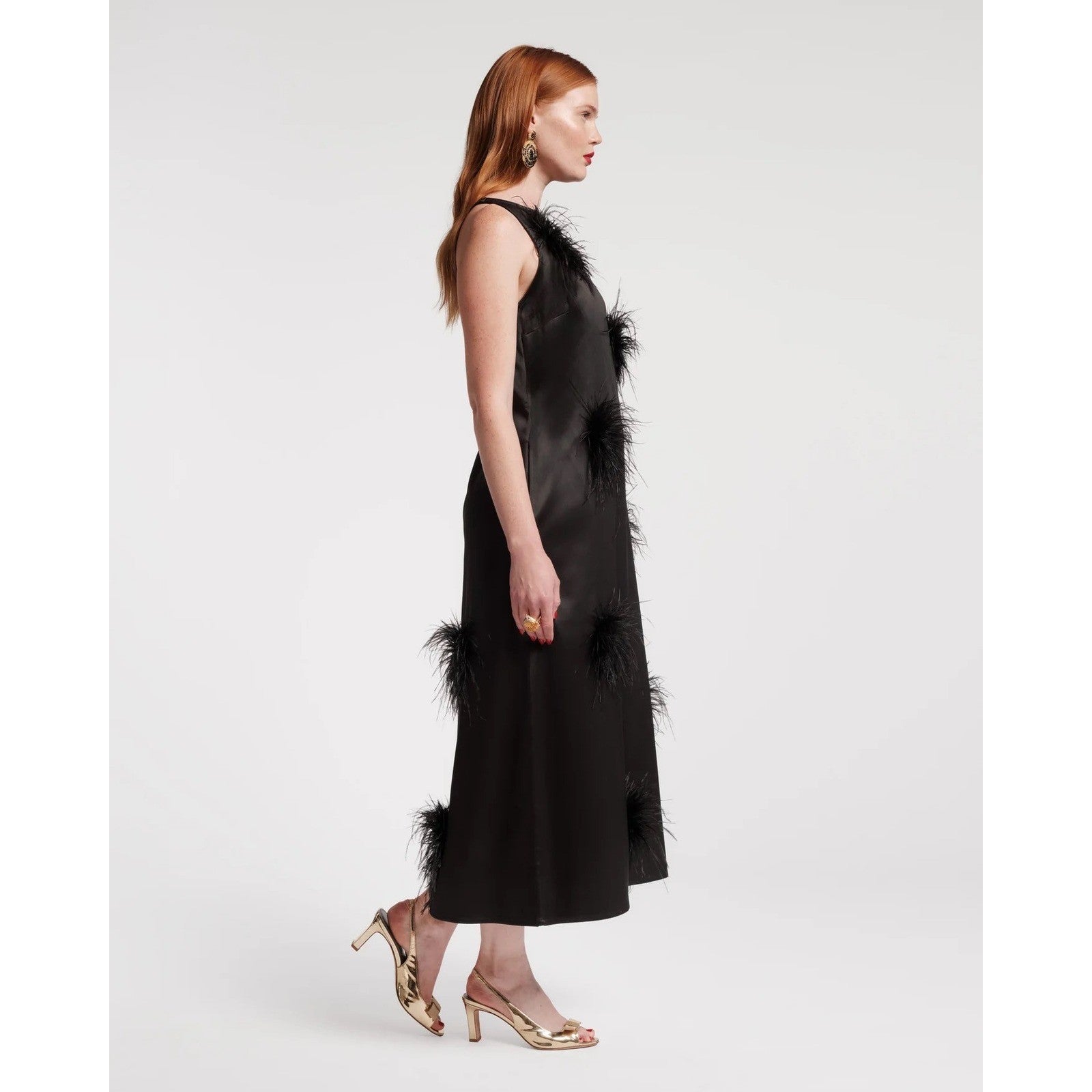 NWT!! FRANCES VALENTINE Feather Maxi Dress Solid Black Party Cocktails Small
