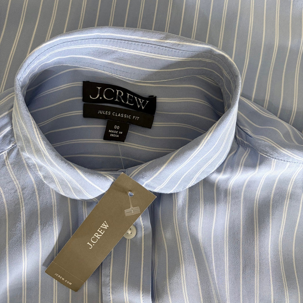 NWT!! J. CREW Jules Club Collar Shirt Striped Crepe De Chine Blue Stripe Size 00