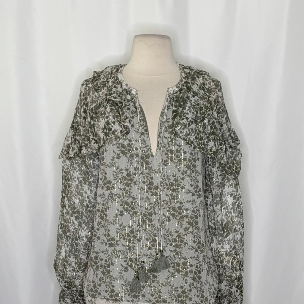 RAMY BROOK Silk Printed Celeste Blouse Chiffon Sagco Green Floral Metallic Small