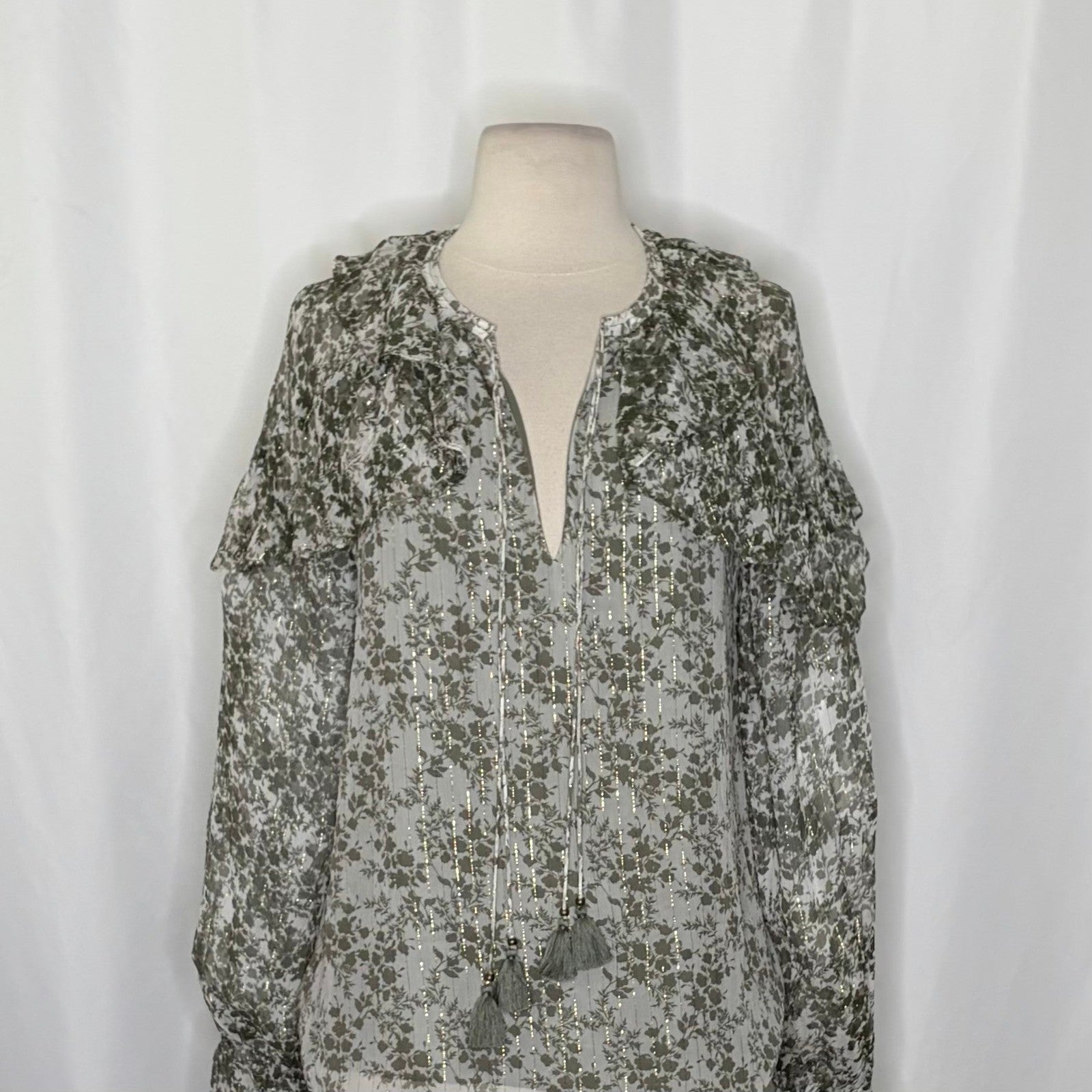 RAMY BROOK Silk Printed Celeste Blouse Chiffon Sagco Green Floral Metallic Small