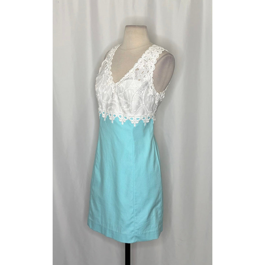 LILLY PULITZER Sandi Shift Dress Seasalt Blue White Lace Mini Preppy Size 4