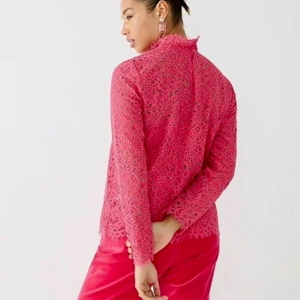 NWT!! J. CREW Scalloped Lace Mockneck Top Blouse Dragon Fruit Pink Size 14
