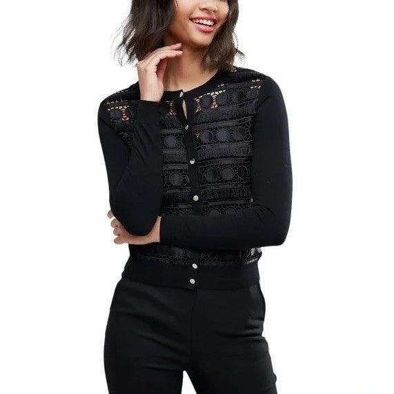 NWT!! TED BAKER London Ellenii Circle Fringe Lace Knit Cardigan Black Size 5 XL