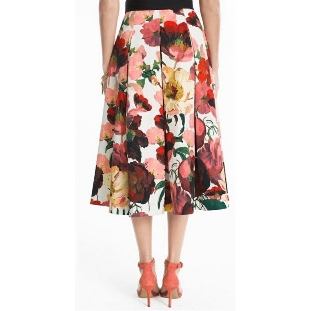WHBM Floral Midi Skirt Pleated White House Black Market Poppy Poppies Size 6