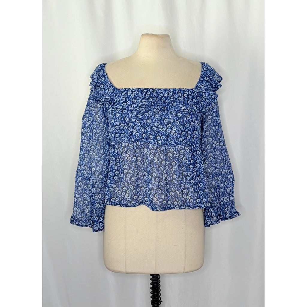 Anthropologie MAEVE Square Neck Sheer Babydoll Top Blue White Floral Large