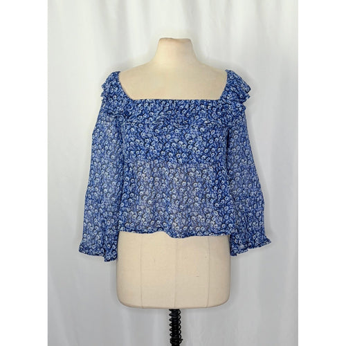 Anthropologie MAEVE Square Neck Sheer Babydoll Top Blue White Floral Large
