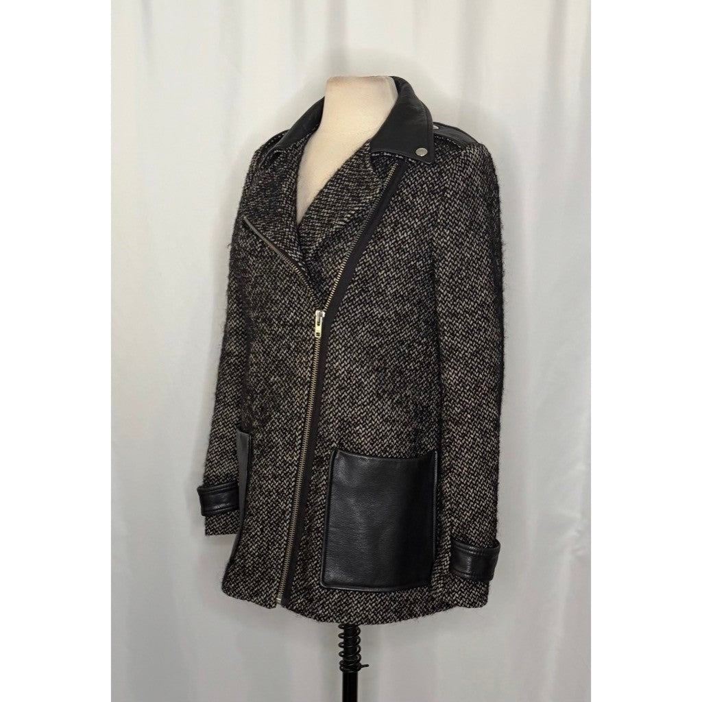 MAJE Ribiera Leather Tweed Coat Moto Inspired Pockets Zipper Size 38 US Medium