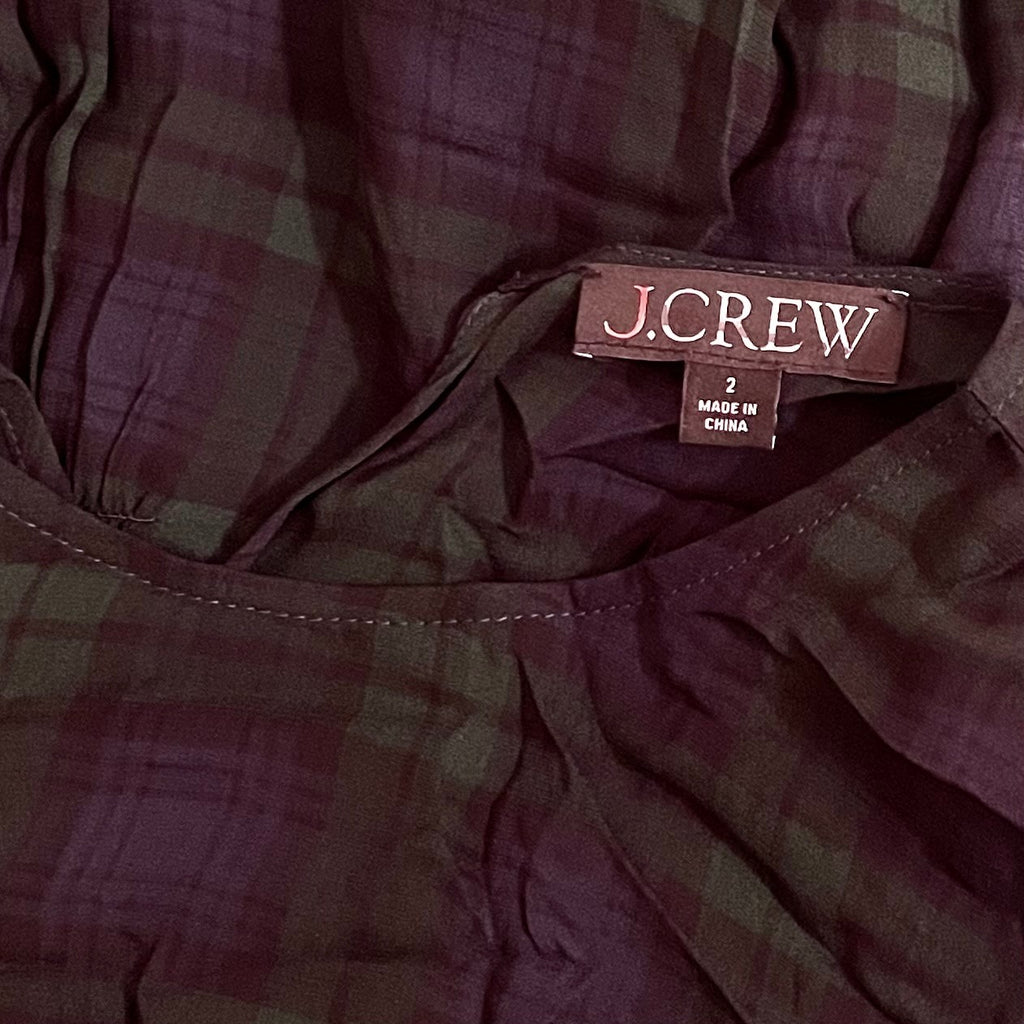 NEW!! J. CREW Chiffon Shirred-Waist Top Black Watch Tartan Plaid Copper Green 2