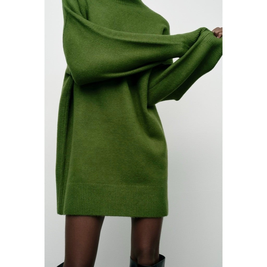 ZARA Green Wool Sweater Dress Mock Neckline Oversized Knitwear Solid X-Small