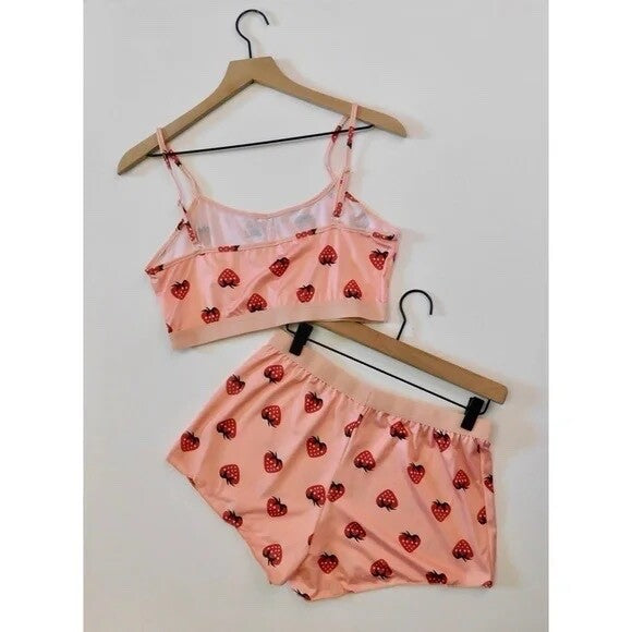 NEW!! STRAWBERRY Print Red Pink Cropped Loungewear Two Piece Set X-Large