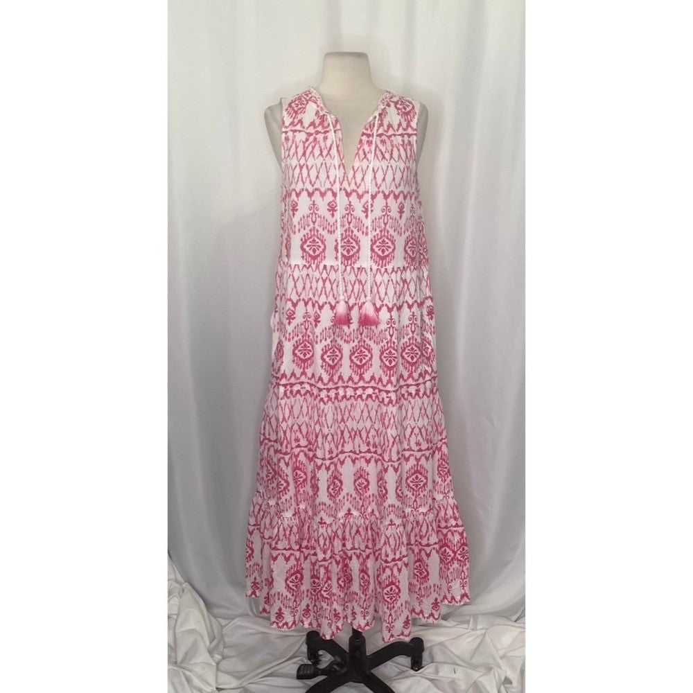 TOMMY BAHAMA Ikat Tropics Passion Pink White Midi Dress Cotton Voile Small