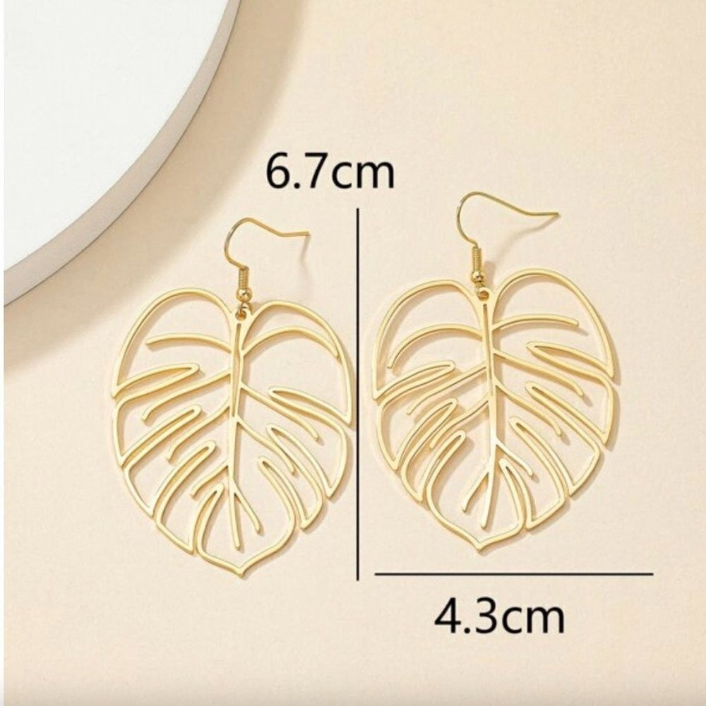 Tropical Monstera Leaf Gold Dangle Drop Earrings Outlined Vacation Resort Island