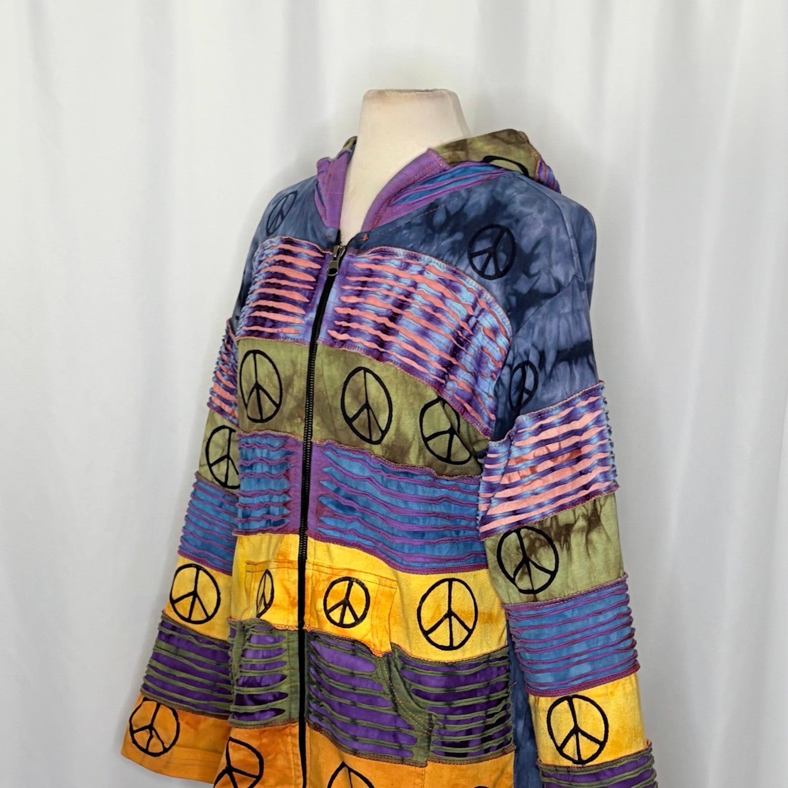RISING INTERNATIONAL Hooded Peace Sign Tie Dye Jacket Hood Colorful X-Large