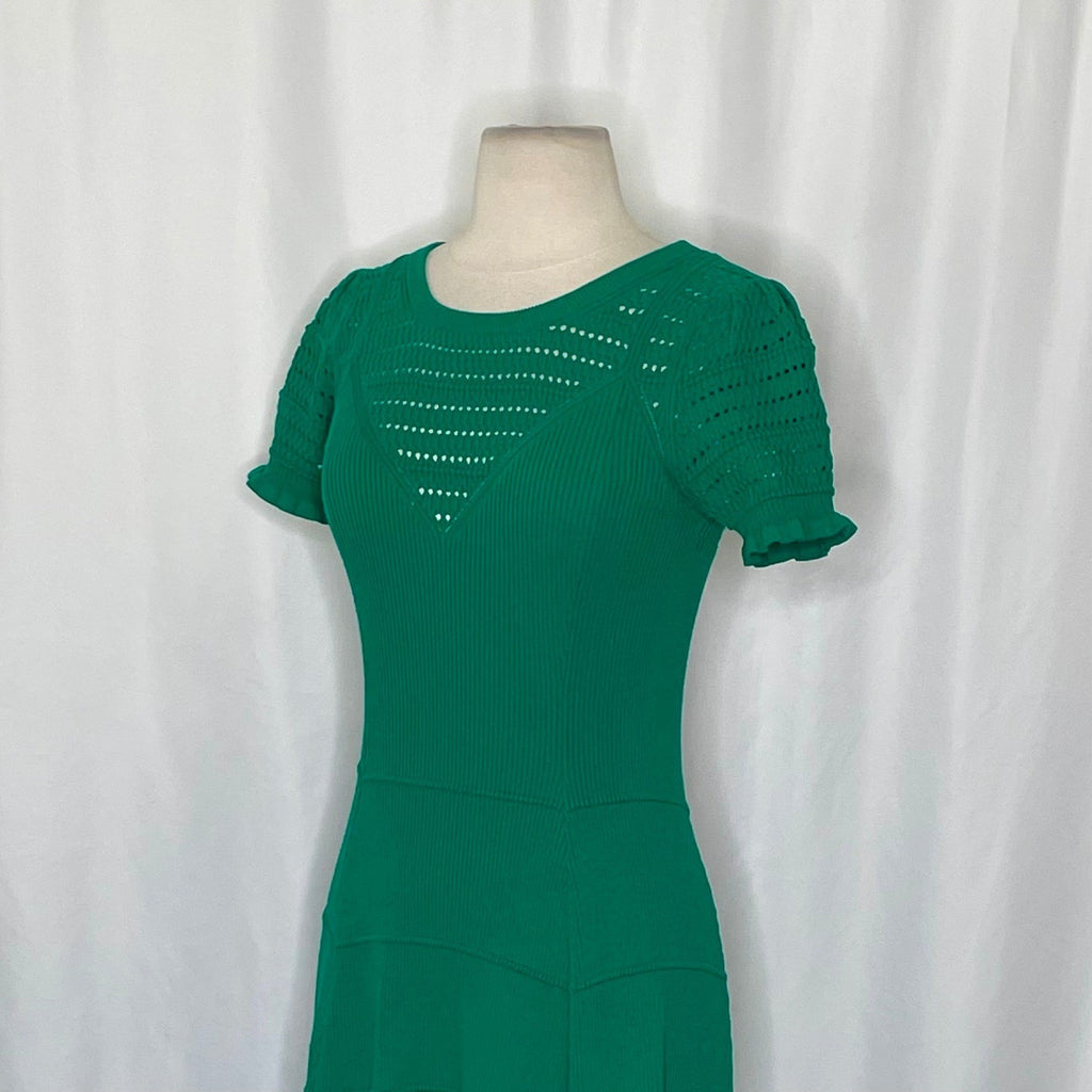 Anthropologie MAEVE Promenade Pointelle Knit Dress Solid Green Flirty X-Small
