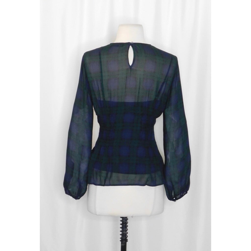 NEW!! J. CREW Chiffon Shirred-Waist Top Black Watch Tartan Plaid Copper Green 2