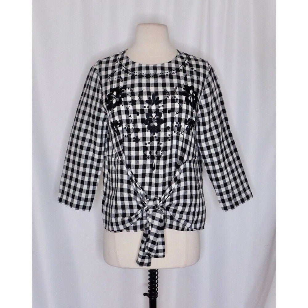 NWT!! Anthropologie SEEN WORN KEPT Black & White Gingham Top Embroidered Size 4