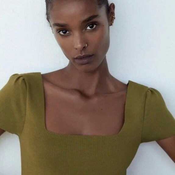 ZARA Squared Mini Babydoll Dress Puff Sleeves Solid Olive Green Knit Small