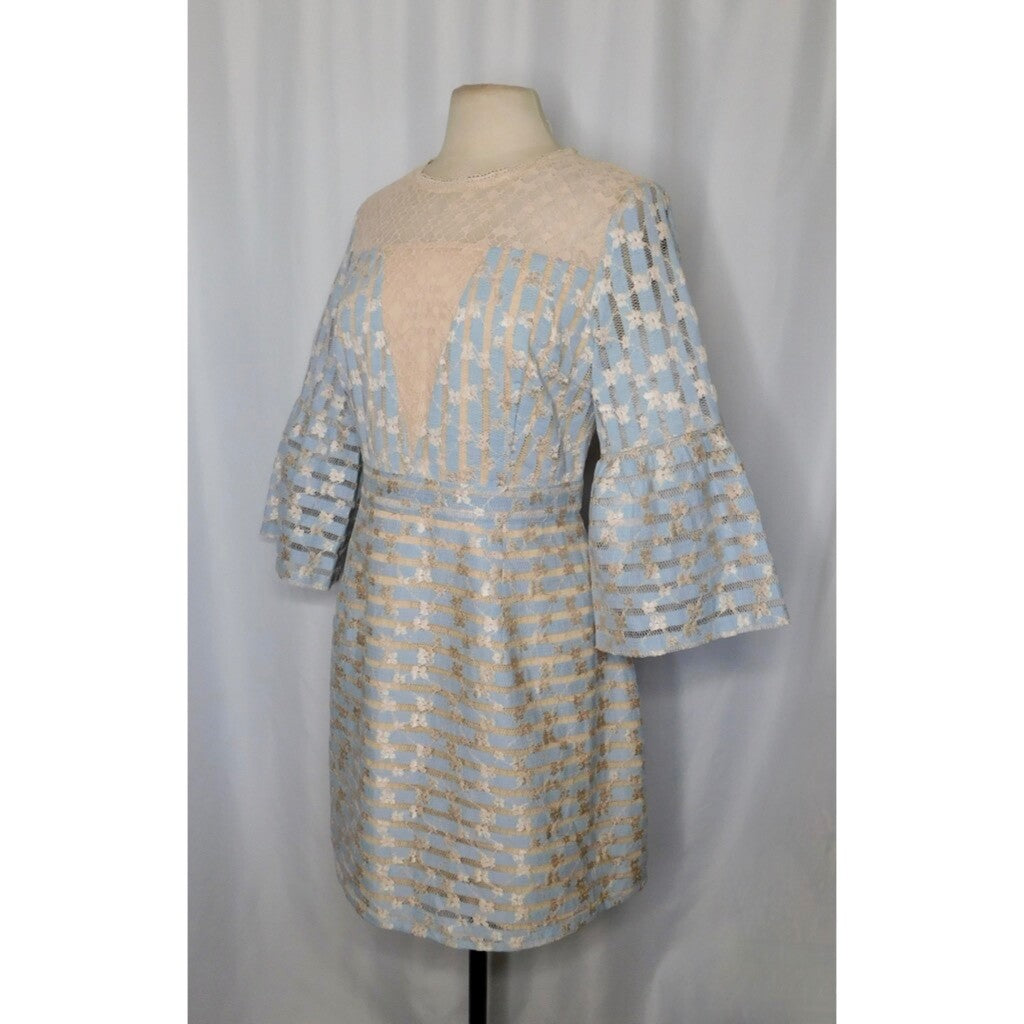 FOXIEDOX Cordelia Bell Sleeve Lace Dress Blue Floral Lace Coquette X-Large