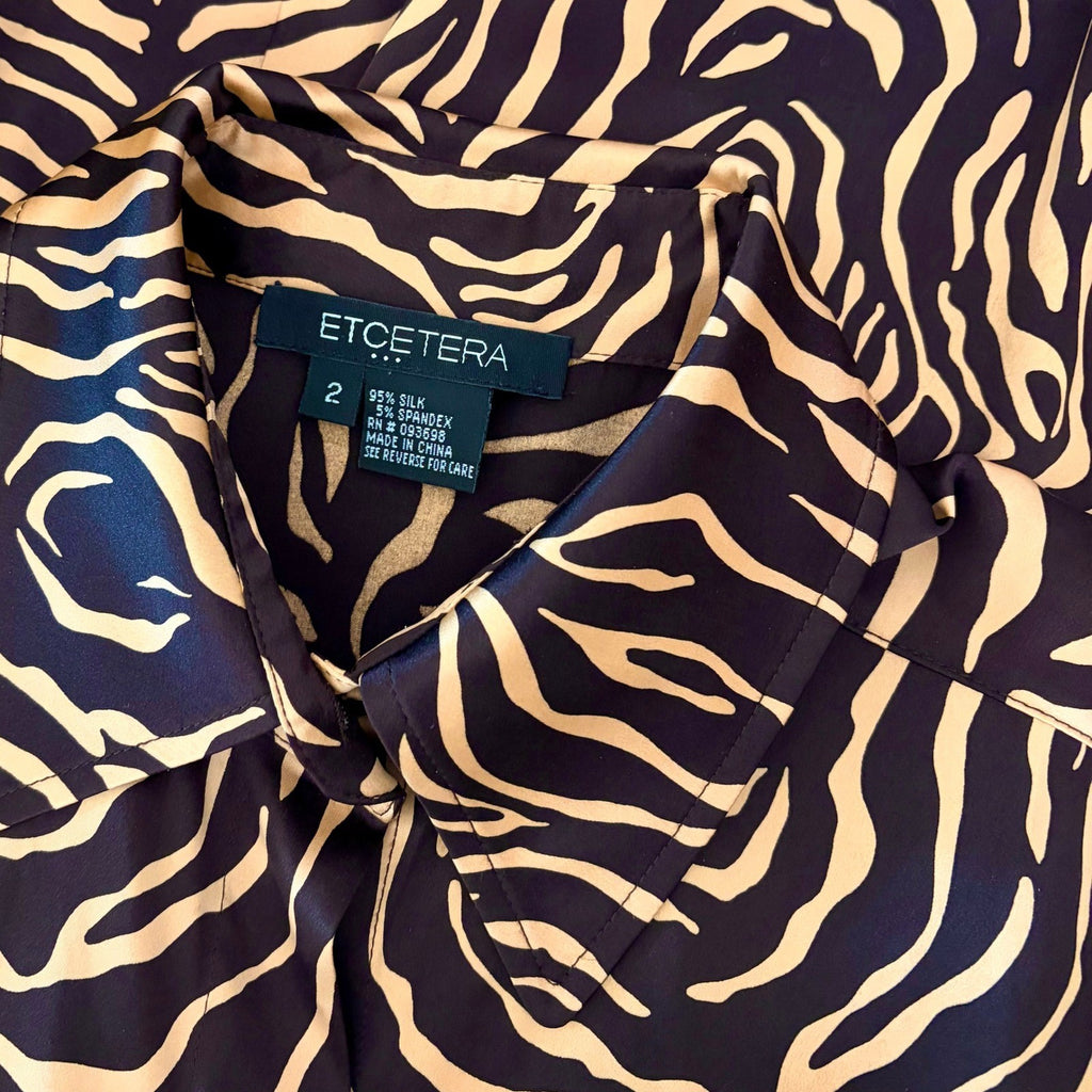 ETCETERA Stretch Silk Buttondown Shirt Blouse Animal Print Brown Tan Size 2