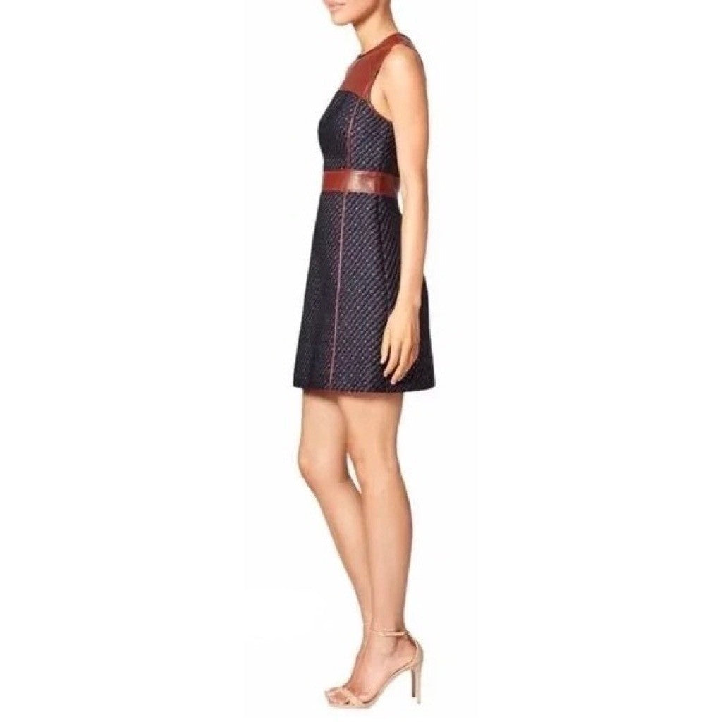 THEORY Calvino Mixed Media Tweed Lamb Leather Dress Brown Blue Fit and Flare 6