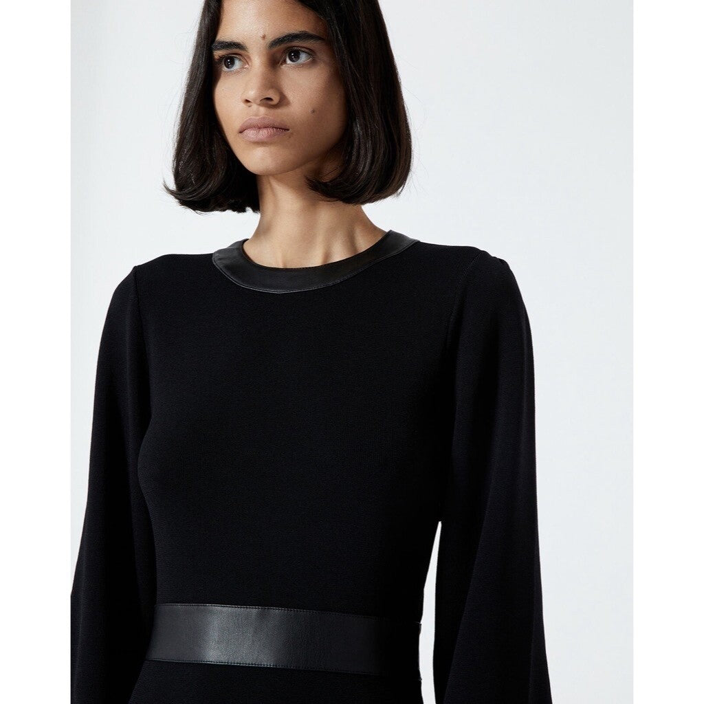THE KOOPLES Black Knit Faux Leather Trimmed Dress Puff Sleeves Size 3 / Large